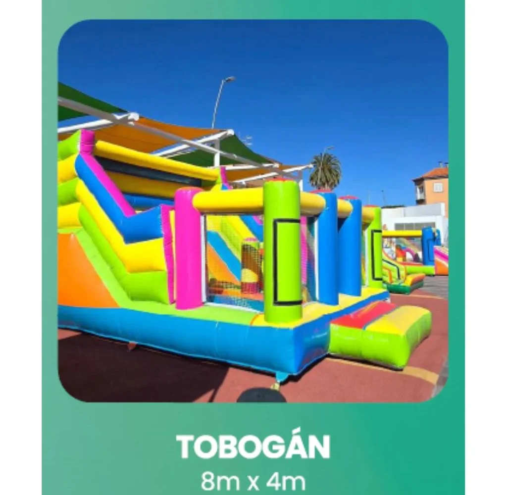 Castillo hinchable con tobogán multicolor de 8 × 4 metros para fiestas infantiles en Gran Canaria